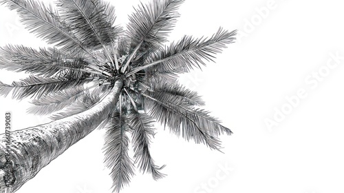 Low angle, monochrome palm tree with feathery fronds against white sky