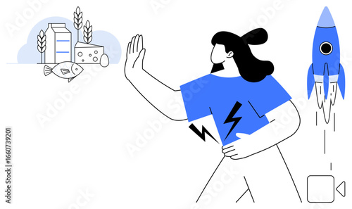 Woman turning away from dairy, fish, grains, wearing energy symbol shirt, rocket launching in action. Ideal for health, nutrition choice, energy, progress innovation futuristic vision simple flat