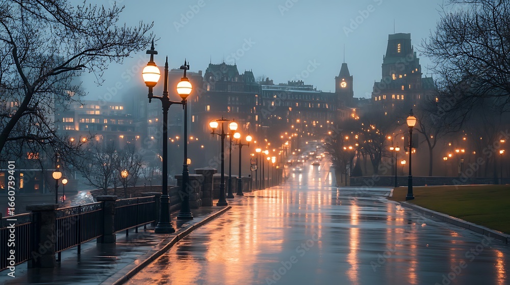 Obraz premium Rainy Night Cityscape with Glowing Streetlights and Buildings