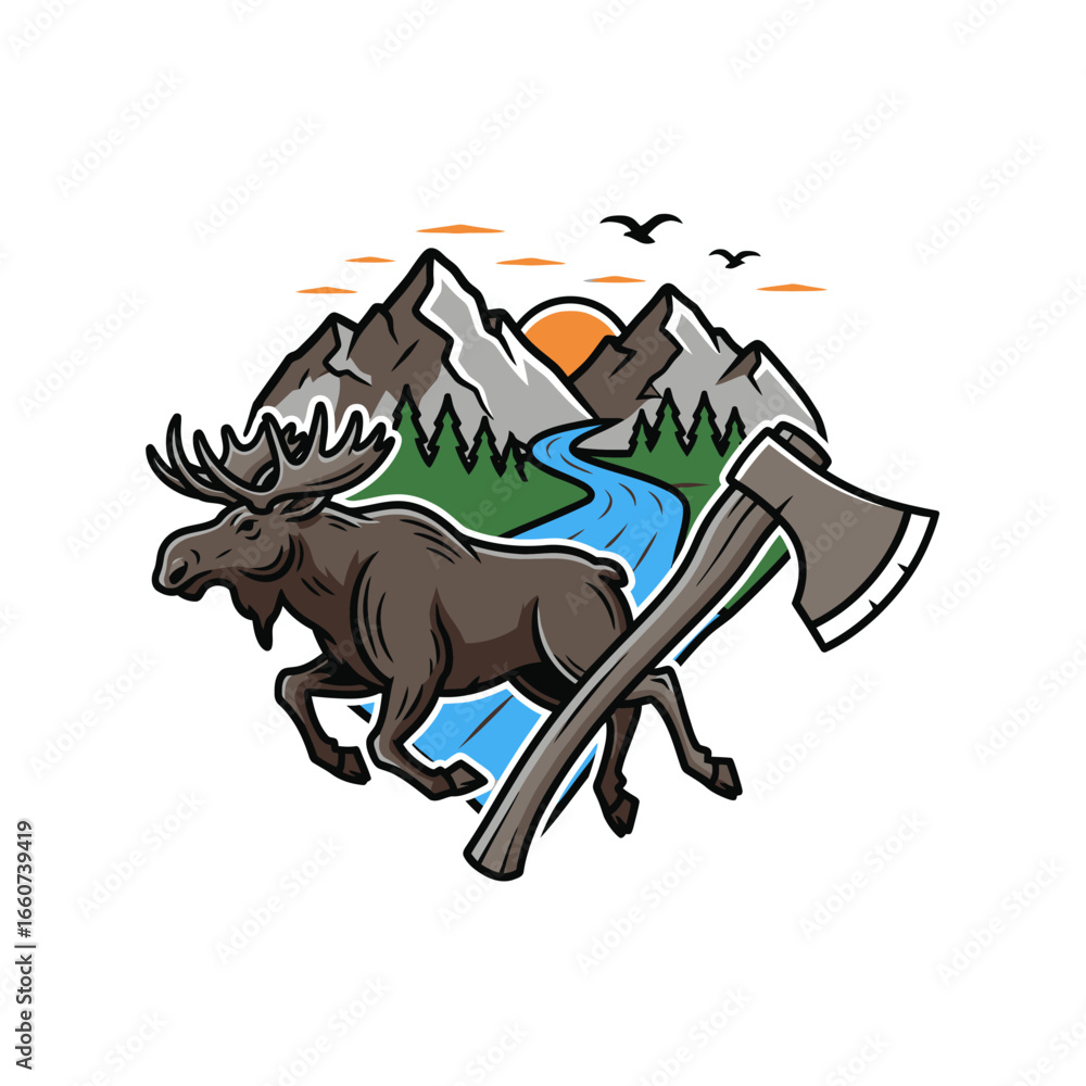 Fototapeta premium A running moose with an axe, set against a stunning mountain river landscape at sunset.