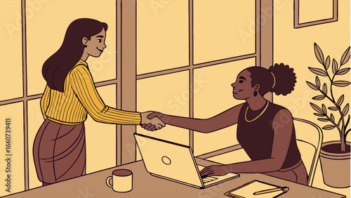 Two Businesswomen Shaking Hands in Office Setting.