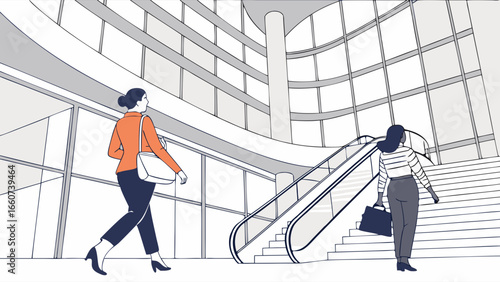 Two Businesswomen Walking in Modern Office Building.