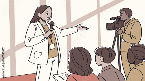 Woman Presenting with Microphone at Conference Audience and Cameraman.