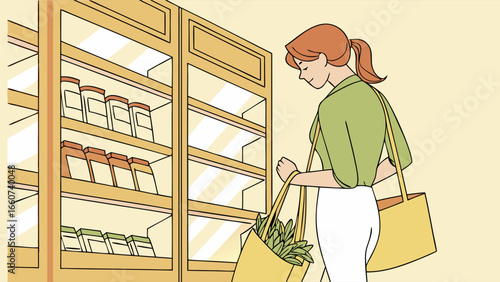 Woman Shopping in Grocery Store with Reusable Bag.