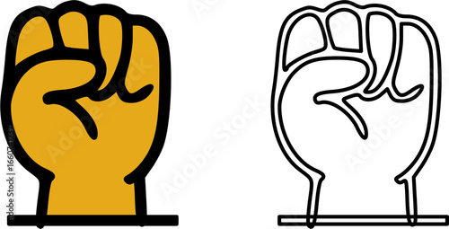 Two illustrations of a raised fist: one filled, one outlined.