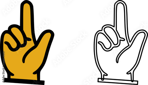 A yellow foam hand with a raised index finger, a symbol of support.