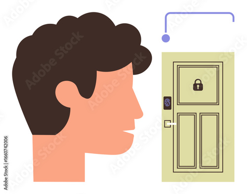 Profile of a person facing a door equipped with a biometric lock and face recognition sensor. Ideal for biometrics, security, technology, authentication, privacy, innovation, simple flat metaphor