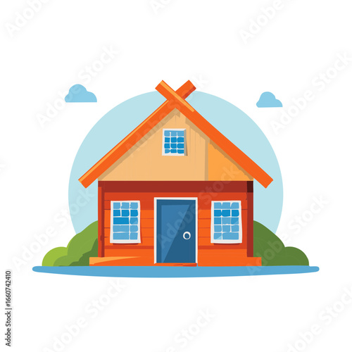 Quaint Orange Cabin with Blue Door Vector Illustration