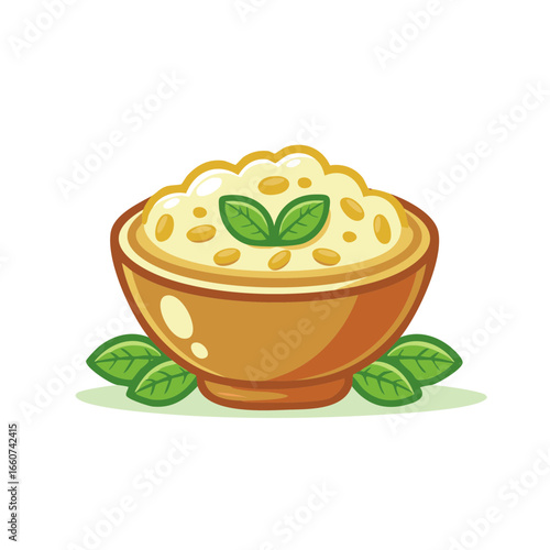 Delicious Bowl of Creamy Polenta Garnish with Fresh Basil Leaves vector illustration