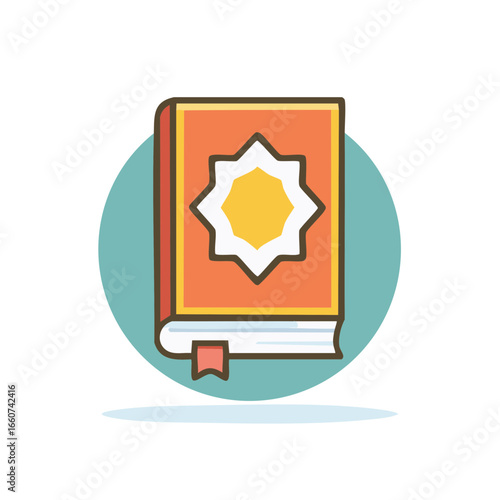 Illustrated Islamic Book with Star Design in Orange and Yellow on a Light Teal Background