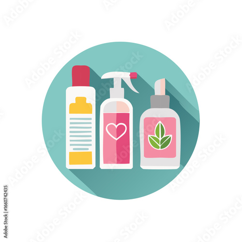 Assortment of Cosmetic Bottles in Flat Design with Pink Heart and Green Leaves on Teal Circle Background