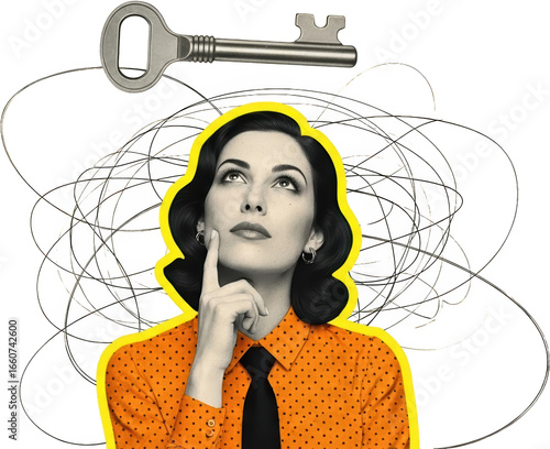 Woman with finger on chin contemplating a vintage key above tangled lines graphic illustration collage transparent background