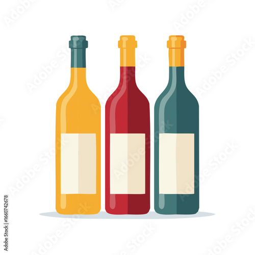 Three colorful wine bottles with blank labels for custom branding and advertising campaign projects and marketing