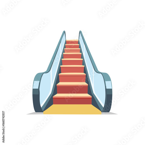 Cartoon escalator illustration, red steps going up, indoor electric stairs in building, modern lifestyle