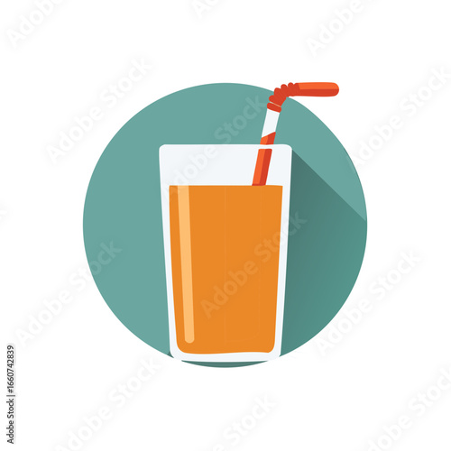 Tall Glass of Fresh Orange Juice with a Straw on a Teal Circle