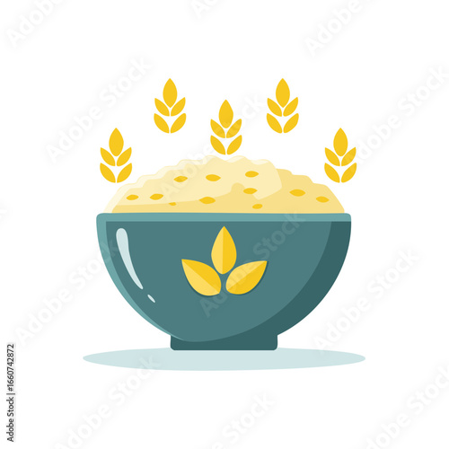 A bowl of whole grain breakfast cereal with golden wheat decoration in a minimalist flat vector art style