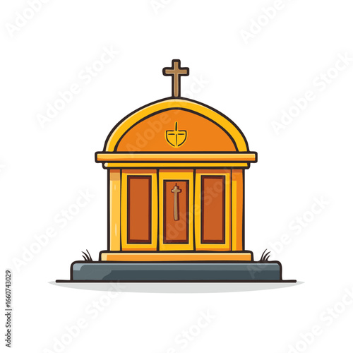 Cartoon Style Mausoleum Tomb Grave with Cross Icon on Top Isolated Symbol