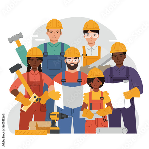 Diverse team of construction workers in hard hats, holding blueprints and tools, representing teamwork and professional expertise in the building industry.