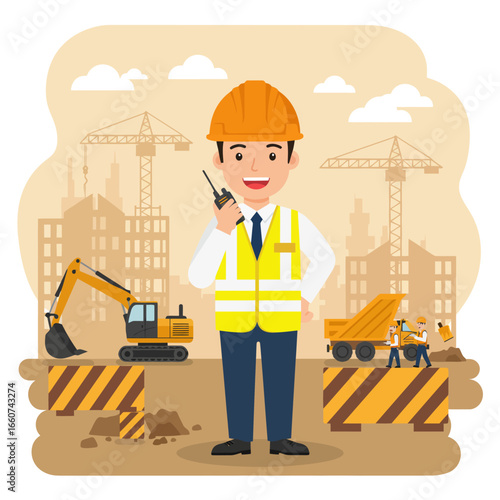 A cheerful construction worker stands confidently in front of a bustling construction site with heavy machinery and a cityscape backdrop in a cartoon style.