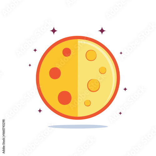 Cartoon illustration of a halved moon, half flat and half with circular craters, with surrounding stars