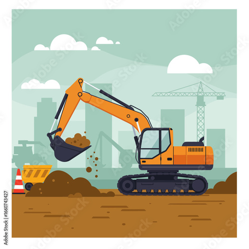 A vibrant illustration depicts an excavator at a construction site, with a dump truck, crane, and city skyline in a flat design style.
