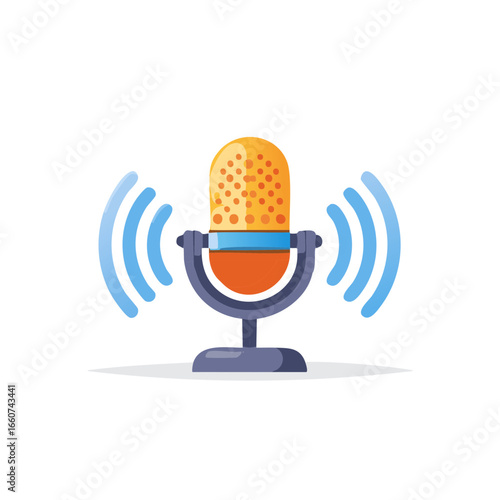 Retro podcast microphone symbol with sound waves. Vintage broadcast equipment flat icon for streaming, voice recording.