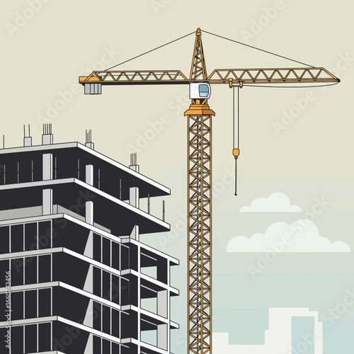 A towering yellow construction crane stands beside a multi-story building under development, illustrating urban growth and modern infrastructure.
