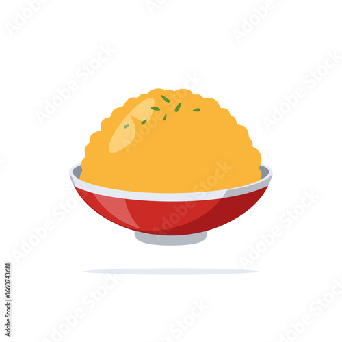 Yellow Mashed Food Heap in a Red Bowl with Herbs Illustration
