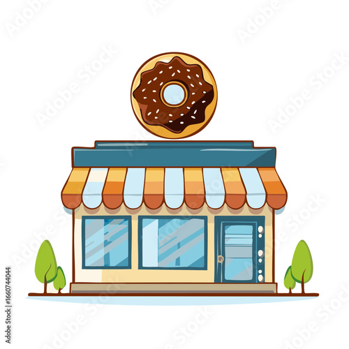 Donut shop facade with large donut on roof and awning in cartoon style vector