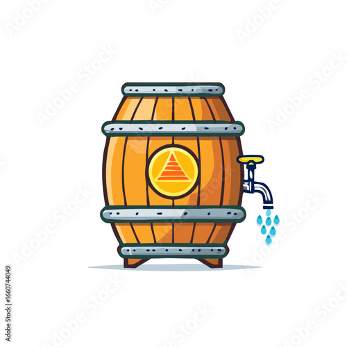 Wooden Barrel with Tap Dispensing Water Drops, Cartoon Illustration