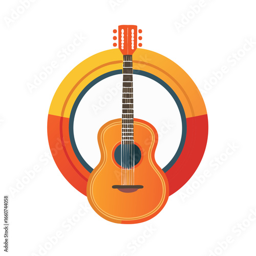 Colorful Acoustic Guitar Icon with Retro Style Graphic Element on White