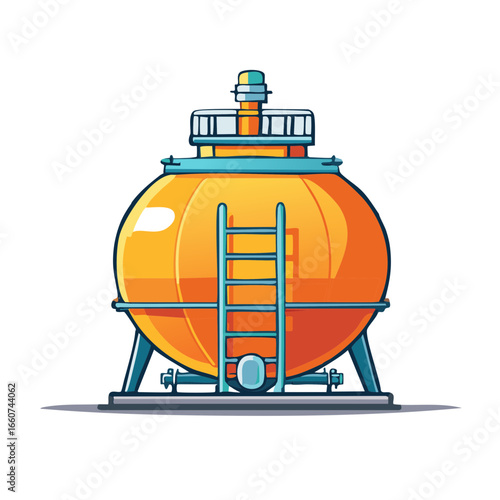 Orange spherical tank illustration with ladder, isolated storage vessel structure with shadow