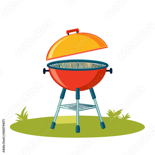 Bright barbecue grill on a green lawn outdoors ready for cooking meat or vegetables