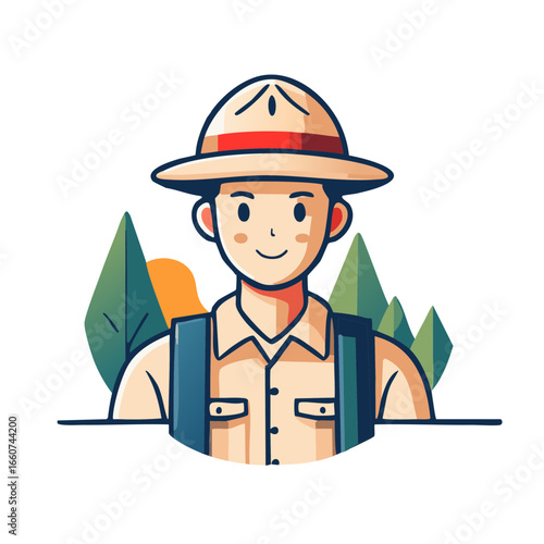 Cartoon Style Park Ranger Illustration with Backpack Trees and Sunshine