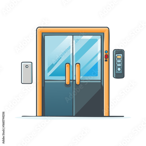 Cartoon elevator doors with buttons, automatic opening, access concept