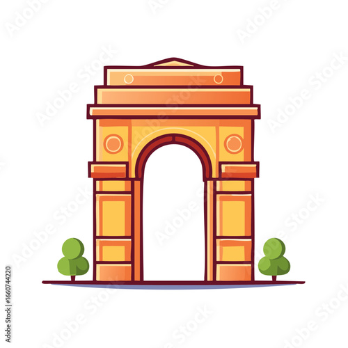 Stylized archway illustration with traditional architecture and simplified design, cultural monument with twin trees