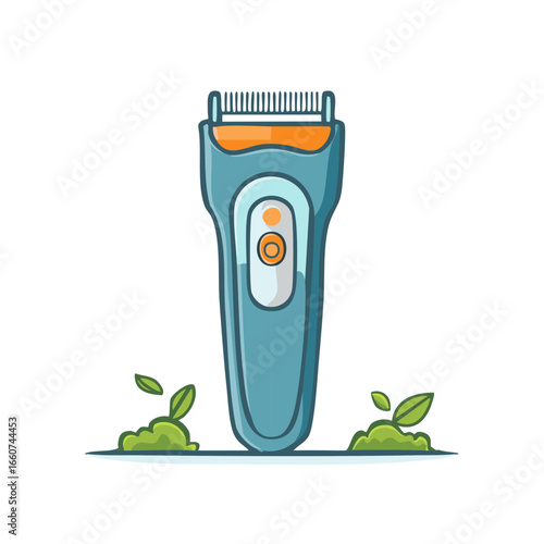 Cartoon style blue hair trimmer on green grass illustration for design