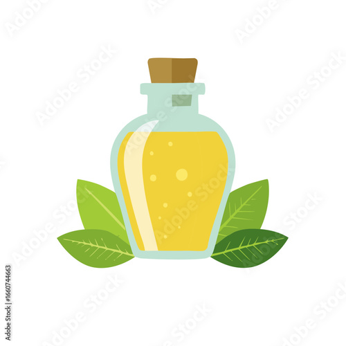 Aromatic massage oil in glass bottle with cork stopper and plant leaves, alternative medicine
