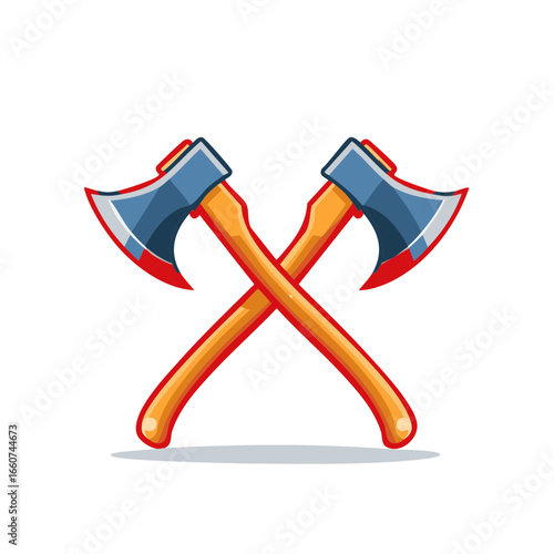Crossed Axes Cartoon Illustration, Wood Handle, Sharp Blades, Lumberjack Tools, Retro Style