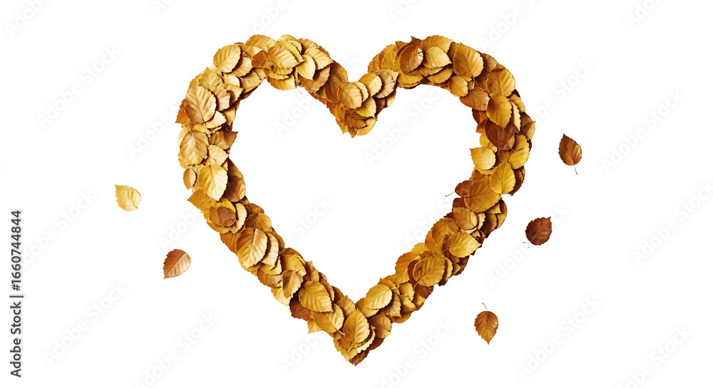 Obraz premium Symbol of love and romance, a heart shape delicately arranged with golden autumn leaves on a clean white background.