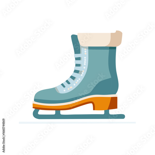 Isolated blue ice skating boot equipped with blade, showcasing traditional lacing and fur trim for figure skating on ice