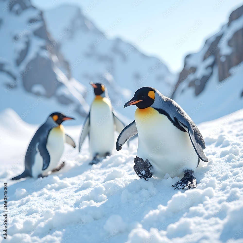 Fototapeta premium Penguins Sliding on Snow Slope on ice