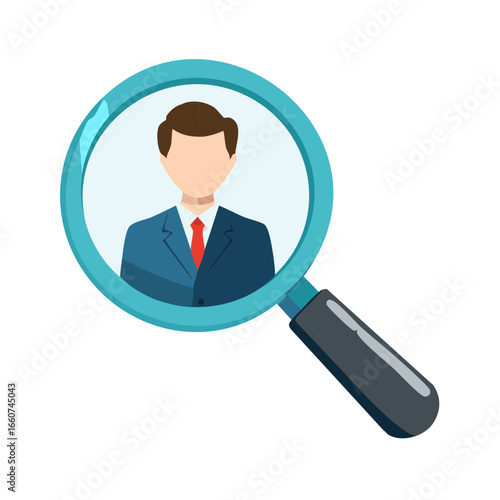 Business figure in magnifying glass spotlight illustrates candidate search or job recruitment with emphasis on headhunting and career opportunities