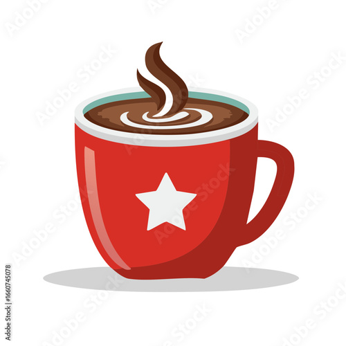 Steaming hot chocolate in a bright red mug decorated with a crisp white star icon graphic element isolated digital art vector illustration