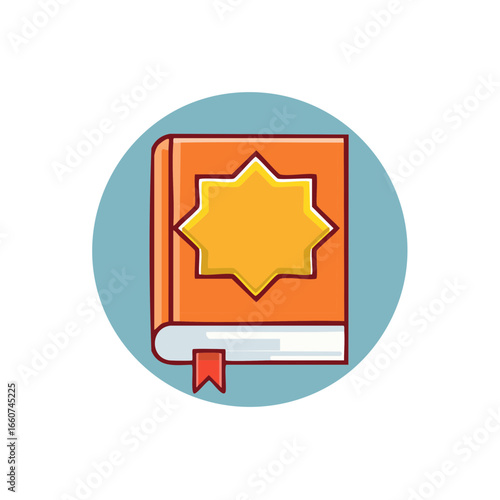 Illustration of holy book with star symbol on orange cover and ribbon bookmark on blue background