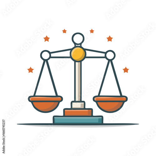 Scales of justice illustration, law and order concept with stars, flat cartoon design, perfect balance, vector