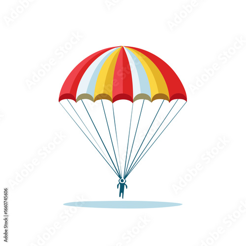 Skydiver Descent with Colorful Parachute, Illustration of Skydiving with Person Landing Safely, Airborne Activity with Canopy and Minimalist Design