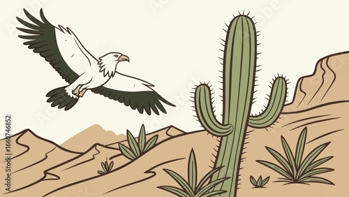 Illustration of desert landscape with flying eagle cactus and sand dunes for travel and nature lovers