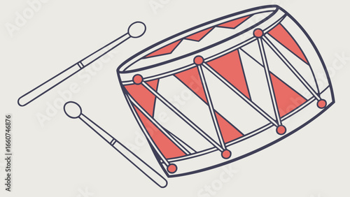 Illustration of a red and white drum with drumsticks perfect for music education and percussion instrument