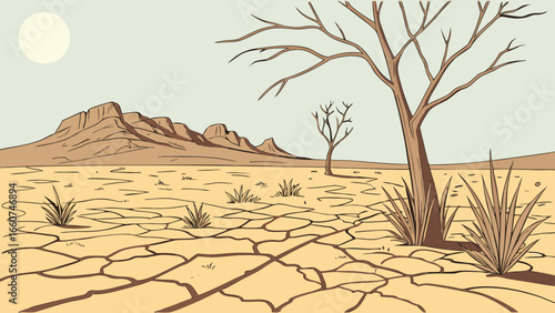 Desert landscape illustration with cracked earth, mountains, sun, and barren trees vector art design